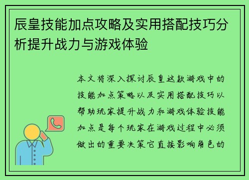 辰皇技能加点攻略及实用搭配技巧分析提升战力与游戏体验